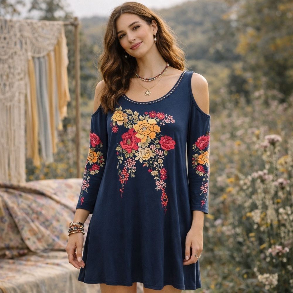Krista Lee Cold Shoulder Sleeves Boho Embroidered Floral Dress Size Large